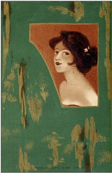 Girls' heads and shoulders on a green panel - Raphael Kirchner