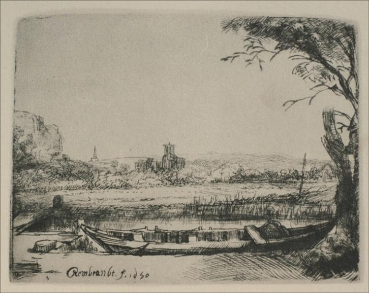 Landscape with a Canal and Large Boat, 1650 - Rembrandt van Rijn