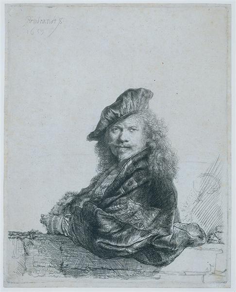 Self-portrait leaning on a stone sill, 1639 - Rembrandt van Rijn