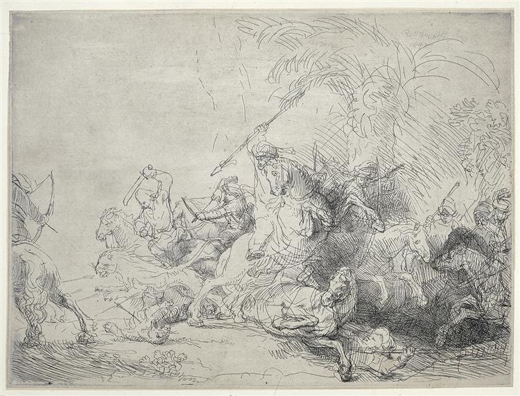 The large lion hunt, 1641 - Рембрандт