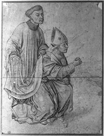 Bishop kneeling, in profile, swinging a censer, accompanied by a clerk - Rogier van der Weyden