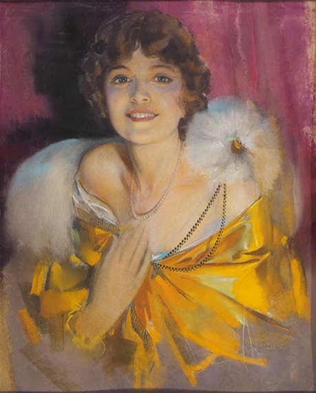 Woman touching pearls - Rolf Armstrong