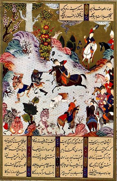 Tahmuras Defeats the Divs. Miniature from Shahname, 1527 - Sultan Muhammad