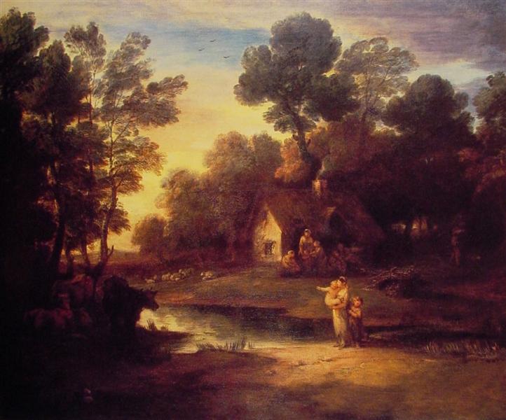 Wooded Landscape with Cattle by a Pool and a Cottage at Evening, 1782 - Томас Гейнсборо