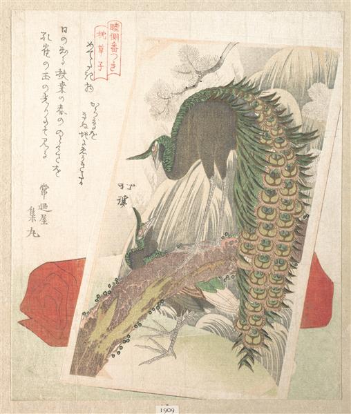Painting of Peacocks, Waterfall and a Red Pillow - 魚屋北溪