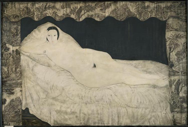 Reclining Nude with Toile de Jouy, 1922 - Цуґухару Фудзіта