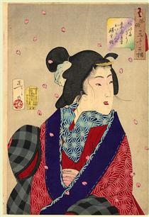 Looking eager to meet someone - The appearance of a courtesan of the Kaei period - 月岡芳年