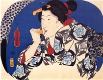 A beauty with a face brush - Utagawa Kuniyoshi