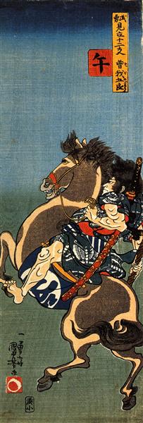 Horse, Soga Goro on a rearing horse - Утаґава Кунійосі