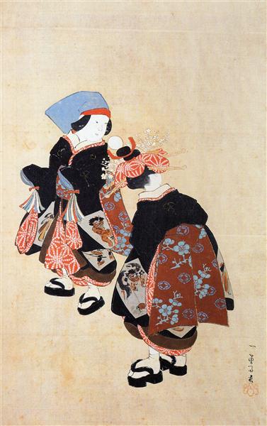 Two Kamuro waiting for a courtesan - Utagawa Kuniyoshi