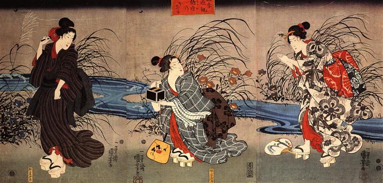 Woman catching firefly by a stream - Утаґава Кунійосі