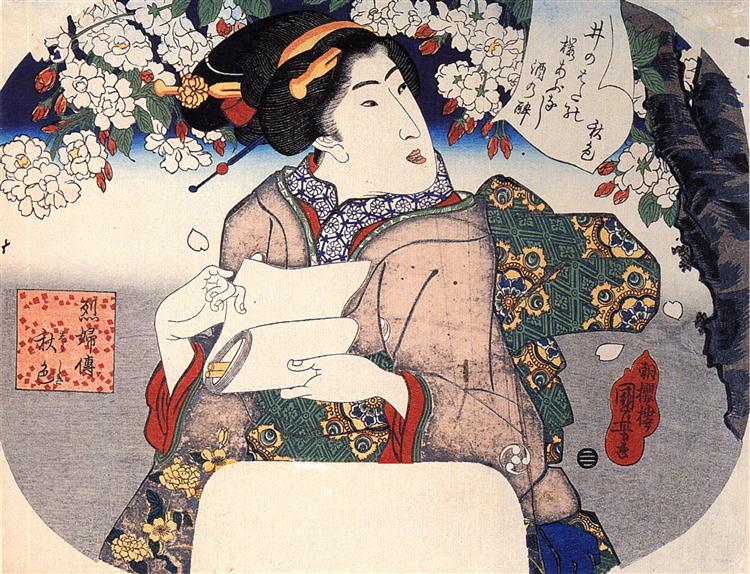 Woman under a cherry tree - Утагава Куниёси