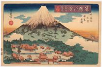 Evening Snow on Fuji from a set of Eight Famous Views published by Iseya Rihei - 歌川豐重（豐國二代）
