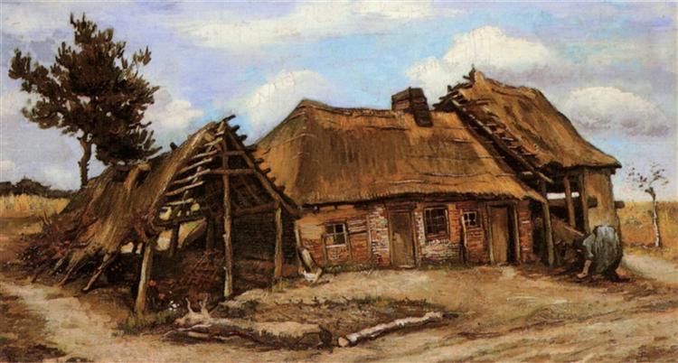 Cottage with Decrepit Barn and Stooping Woman, 1885 - 梵谷