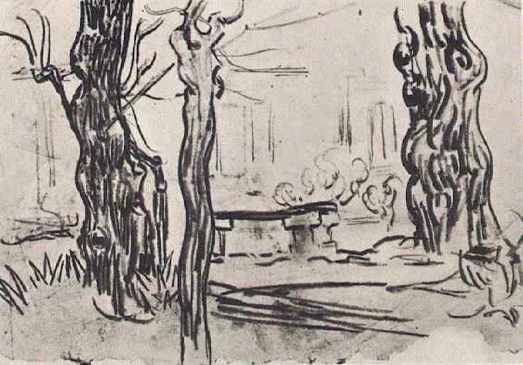 Garden of the Asylum and Tree Trunks and a Stone Bench, 1889 - 梵谷