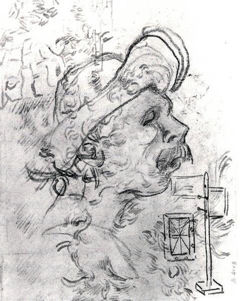 Head of a Man with a Hat, a Perspective Frame, and Other Sketches, 1890 - 梵谷