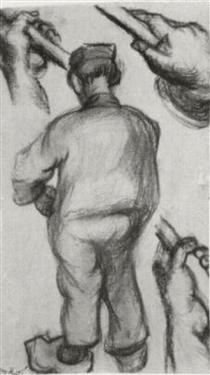 Peasant, Seen from the Back and Three Hands Holding a Stick - 梵谷