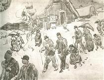 People Walking in Front of Snow-Covered Cottage - 梵谷
