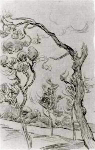 Pine Trees Seen against the Wall of the Asylum, 1889 - 梵谷