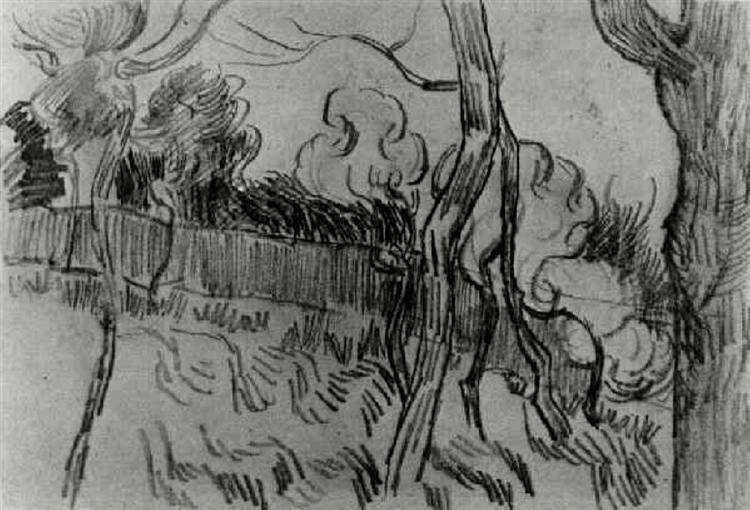 Pine Trees Seen against the Wall of the Asylum, 1889 - 梵谷