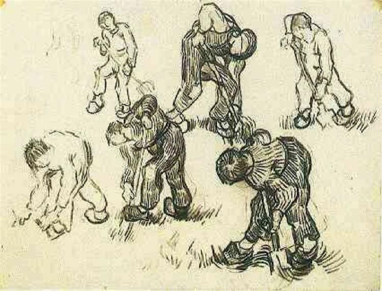 Sheet with Sketches of Diggers and Other Figures, 1890 - Вінсент Ван Гог