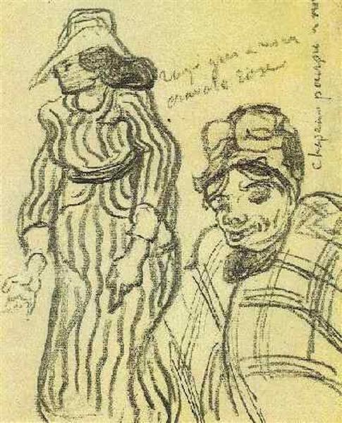 Sketch of a Lady with Striped Dress and Hat and of Another Lady, Half-Figure, 1890 - Вінсент Ван Гог