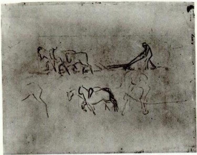 Sketches of Peasant Plowing with Horses, 1890 - Вінсент Ван Гог