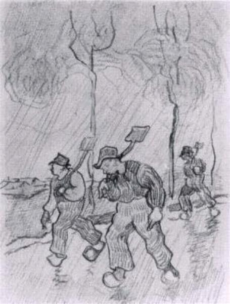 Three Peasants with Spades on a Road in the Rain, 1890 - 梵谷