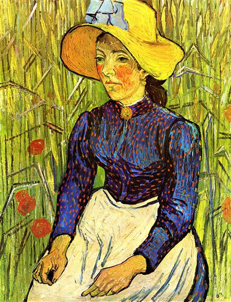 Young Peasant Girl in a Straw Hat sitting in front of a wheatfield, 1890 - 梵谷