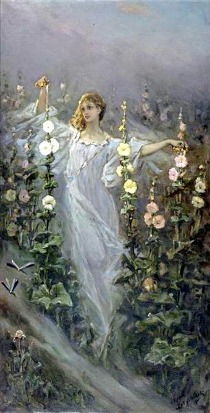 Girl Between Hollyhocks, 1900 - Вильгельм Котарбинский