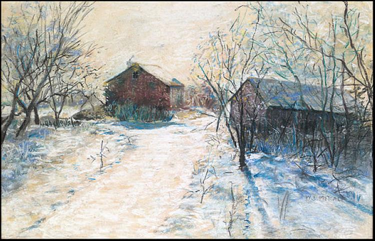 Farm Buildings in a Winter Landscape - Willard Metcalf