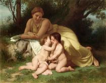 Молодая женщина созерцает двух обнявшихся детей - Вильям Адольф Бугро