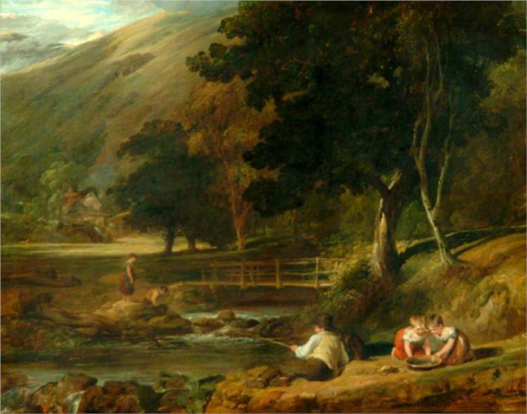 Borrowdale, Cumberland, with Children Playing by the Banks of a Brook, 1823 - 威廉·柯林斯