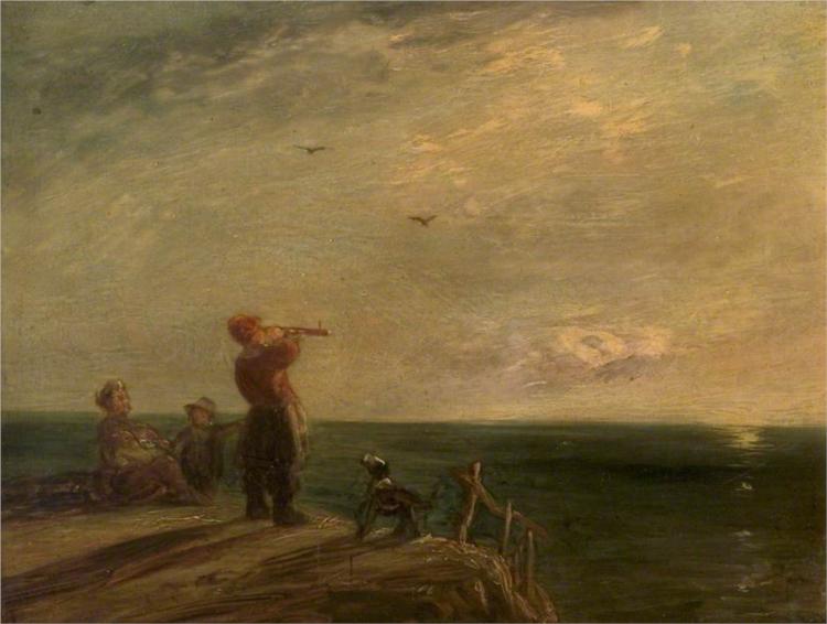 Seascape with Figures and Dog, Sunset - 威廉·柯林斯