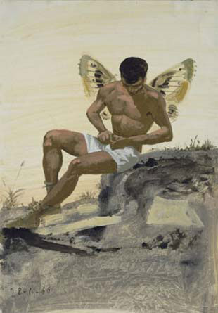 Winged spirit buttoning his underpants, 1966 - Янис Царухис